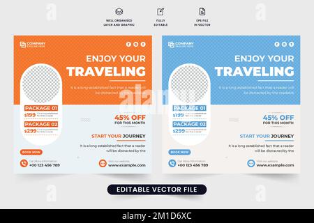 Holiday trip advertisement poster design with discount offer. Vacation planner template vector with orange and blue colors. Travel business promotion Stock Vector