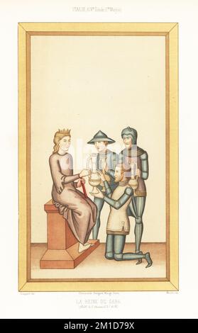 The Queen of Sheba receiving gifts from King Solomon. Solomon and his knights in plate armour, tunic, vizor and kettle helmet in the Italian fashion, early 14th century. La Reine de Saba. From Italian MS T.L. 42 B, Bibliotheque de l'Arsenal. Italie XIVe Siecle. Chromolithograph by Moulin after an illustration by Claudius Joseph Ciappori from Charles Louandre’s Les Arts Somptuaires, The Sumptuary Arts, Hangard-Mauge, Paris, 1858. Stock Photo