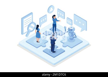 Interaction between team and robot. Can use for web banner, infographics, hero images, isometric vector modern illustration Stock Vector