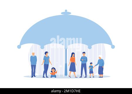 Individuals under umbrella protection against economic hazards. Social insurance, economic hazards risk, social security number concept. flat vector m Stock Vector