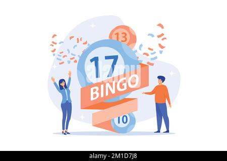 Businessman and woman winners and bingo lottery balls with lucky numbers, tiny people. Lottery money game, lucky raffle ticket, bingo game concept. fl Stock Vector