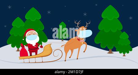 Santa Claus in medical mask riding on reindeer sleigh. Vector illustration. Stock Vector
