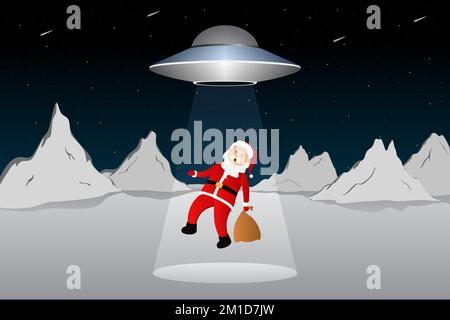 UFO abducting Santa. Vector illustration Stock Vector