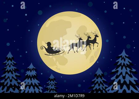 Silhouette of Santa Claus and his reindeer sleigh on full moon. Vector illustration. Stock Vector