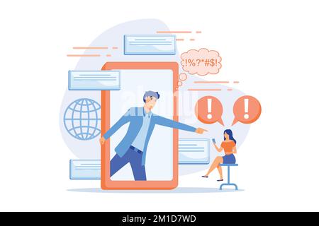Bully in smartphone harassing, threatening and intimidating upset victim online. Cyberbullying, online flooding, social network harassment concept. fl Stock Vector