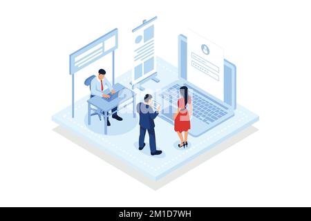 Class access code. Young student joins online class with access code, teaching app, virtual education, distance training,isometric vector modern illus Stock Vector