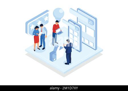 Business idea. Business plan, small business launcher, innovative development, creating new ideas, become a market leader.isometric vector modern illu Stock Vector