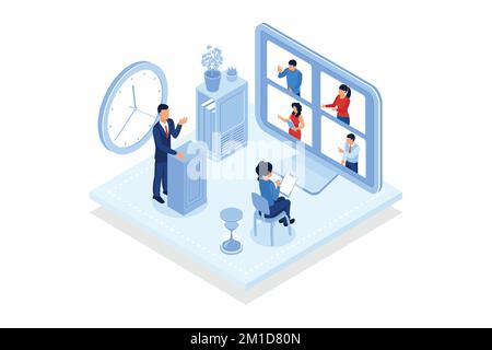 Digital podium. Student uses digital podium in virtual classroom, smart classes, video conferencing, data visualizations.isometric vector modern illus Stock Vector
