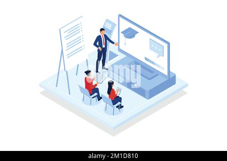 Join class. People joining smart classes via teaching software, video conferencing, data visualizations, online training.isometric vector modern illus Stock Vector