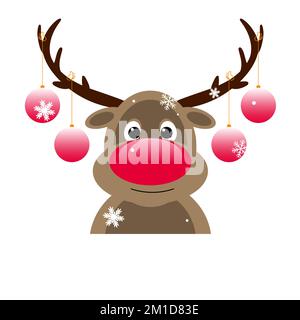 The cartoon deer with a red nose is decorated with Christmas balls. Reindeer on a white background. Stock Vector