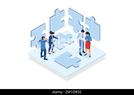 Finding solution, problem solving. Teamwork and partnership. Working team collaboration, enterprise cooperation . isometric vector modern illustration Stock Vector