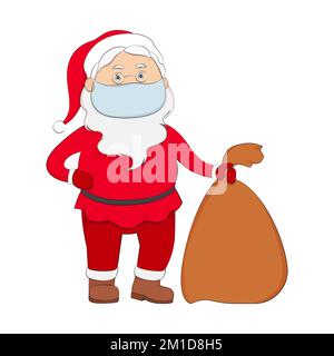 Santa Claus in medical mask hold bag with gifts. Vector illustration. Stock Vector