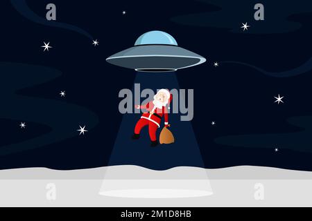 UFO abducting Santa Claus. Vector illustration. Stock Vector