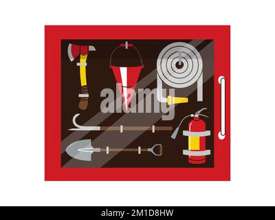 Fire cabinet. Emergency box with rescue protection firefighter equipment, hose extinguisher water hydrant pipe cartoon flat style. Vector isolated set Stock Vector