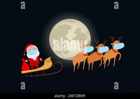 Santa Claus in medical mask flying on reindeer sleigh. Cartoon. Vector illustration. Stock Vector