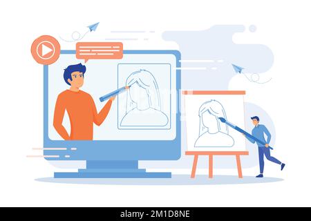 A man with easel before screen with video learning how to draw a portrait. Education video, modern teaching tool and interactive learning concept, fla Stock Vector
