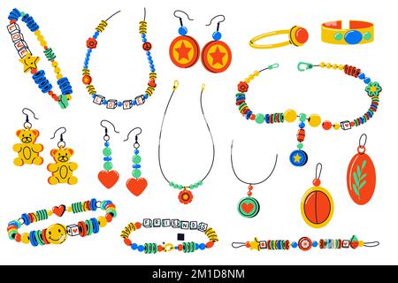 Cartoon jewelry collection. Doodle necklace locket ring bracelet pendant earrings flat style, precious bijouterie accessory elements. Vector isolated Stock Vector