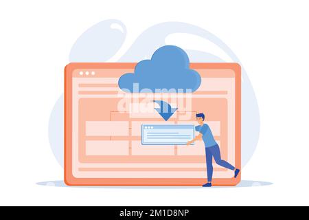 Cloud computing service, web hosting. Synchronised information, online storage, backup technology. Internet server. Cloud data center design element, Stock Vector