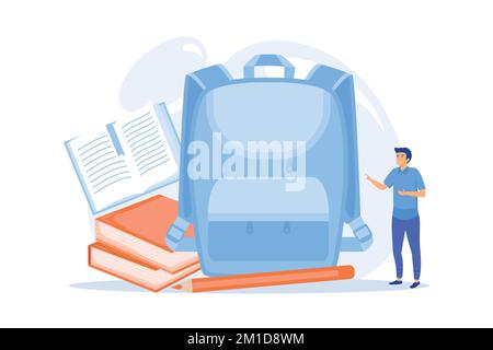 Backpack with books, notebooks, pencil and student. Back to school supplies and stationery, education tools and accessories, learning equipment concep Stock Vector