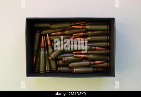 Unitary Cartridges For Assault Rifle In Cardboard Box Top View Stock Photo