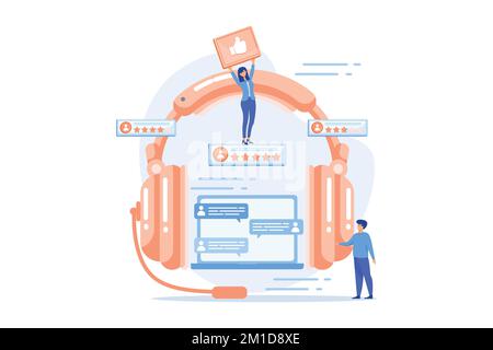 End user with magnifier finding information in laptop with headset. Customer self-service, e-support system, electronic customer support concept, flat Stock Vector