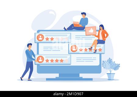 Tiny business people using rating site to vote on people on computer screen. Rating site, professional rank site, content rating page concept, flat ve Stock Vector