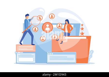 Human resourses managers doing professional staff research with magnifier. Human resources, HR team work and headhunter service concept, flat vector m Stock Vector