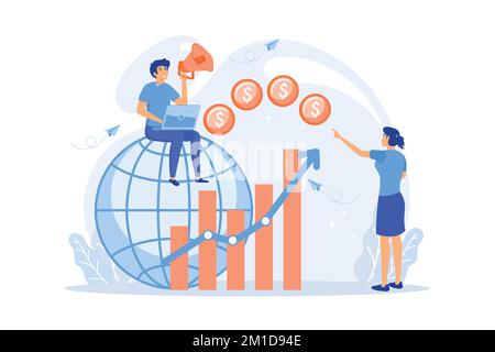 Economist with megaphone, economic growth column and market productivity chart. Economic development, world economy ranking, market economy concept, f Stock Vector