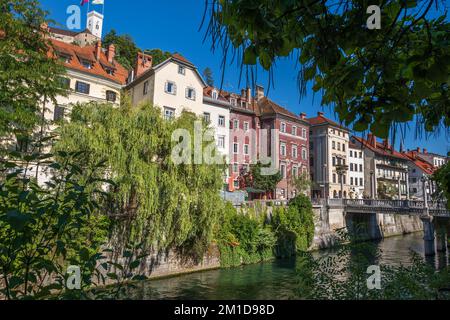 Ljubljana, Slovenia, Old Town skyline along Ljubljanica river in historic city center. Stock Photo