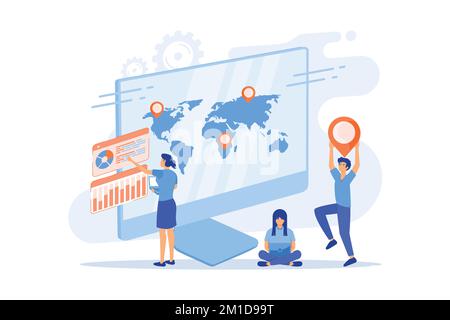 International business, company branch opening, worldwide import and export concept. Analysts team planning expansion strategy cartoon characters, fla Stock Vector