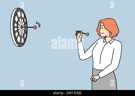 Girl throwing darts at target at wall. Businesswoman aiming arrow at round goal. Successful woman playing game. Strategy, marketing, challenge. Vector line art multicolored illustration. Stock Vector
