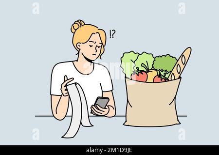 Girl checks purchase bill after supermarket shopping, surprised by high prices. Woman looks disappointed at grocery store receipt. Inflation, limited budget. Vector contour line colorful illustration. Stock Vector
