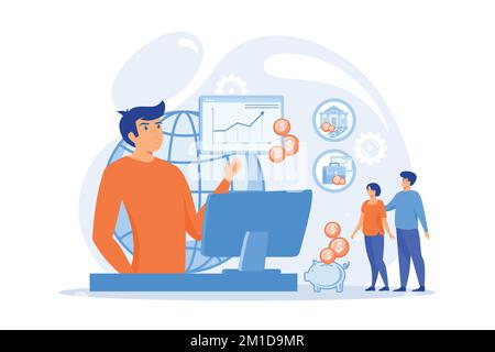 Finance analyst. Business strategy and budget planning. Financial adviser, top investment advisors, financial advisory services concept, flat vector m Stock Vector