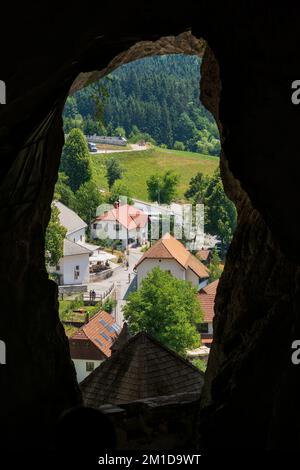 Landscape view from cave of the Predjama Castle in Slovenia. Stock Photo