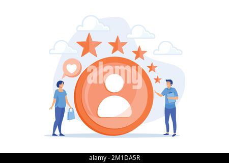Marketer measuring customer satisfaction and rating stars. Satisfaction and loyalty analysis, customer retention increasing, marketing tools concept, Stock Vector