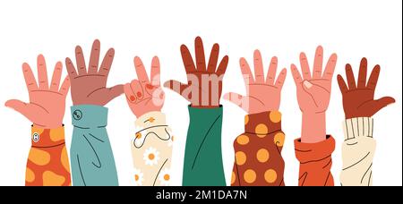 Raised hands. Cartoon human palms with different gestures, group of diverse people arms rising together volunteer community concept. Vector flat Stock Vector