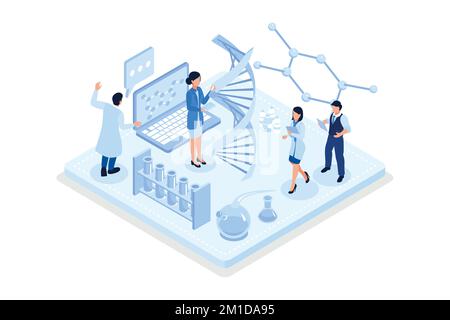 Scientists characters standing together. Science and technology concept. Can use for web banner, infographics, hero images, isometric vector modern il Stock Vector