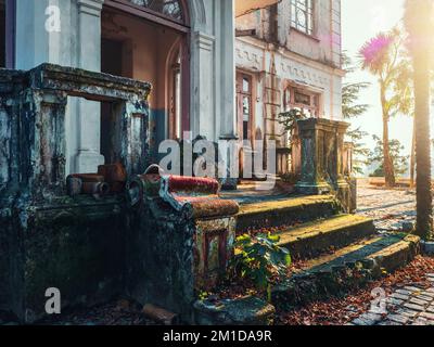 Staircase covered with moss and entrance group in rays of sunset of old vintage haunted castle or mansion on sunny summer day. Stock Photo