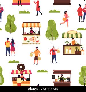 Seasonal outdoor market. Seamless pattern of street stall with vendors selling goods, food festival backdrop for wrapping textile print. Vector Stock Vector