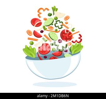 Bowl with flying vegetables. Fresh healthy meal with organic salad vegetarian food, cartoon flat organic ingredients mixed cooking dish. Vector Stock Vector