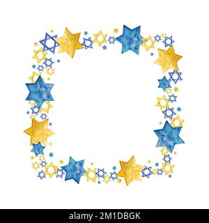 Jewish square border frame with David stars in blue and yellow gold colors on white background. Watercolor Hanukkah holiday illustration Stock Photo