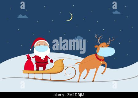 Santa Claus in medical mask riding on reindeer sled. Pandemic 2020 Christmas. Vector illustration. Stock Vector