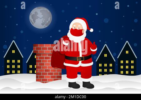 Santa Claus in face mask standing on roof. Cartoon. Vector illustration. Stock Vector