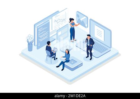 People Characters Developing new Software on Laptop. Developers Team Programming and Coding Program Code Together. Development Process Concept, isomet Stock Vector