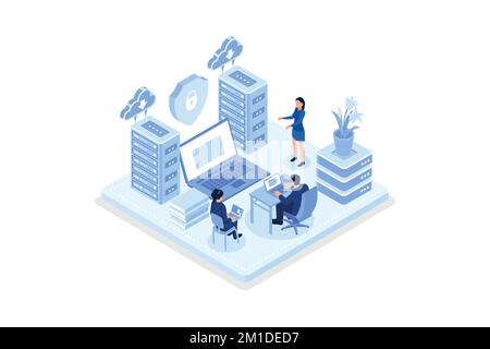 Character connecting to Data Center and using Cyber Security Services to Protect Personal Data. Secure Online Hosting Technology and Cloud Protection Stock Vector
