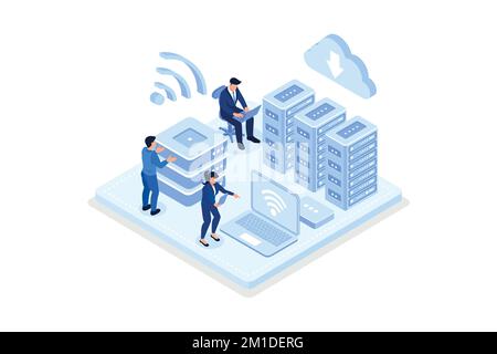 Character Monitoring Big Data Storage Connected with Cloud Computing Service. Server Farm Room. Online Hosting Technology Concept, isometric vector mo Stock Vector