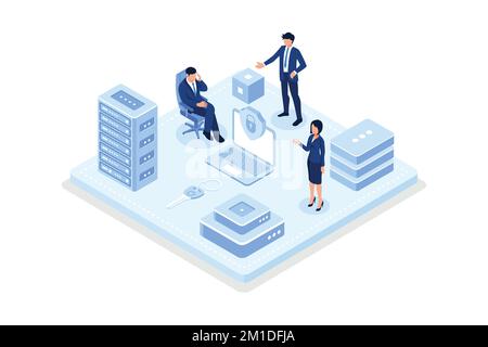 Laptop with Security Connection to Data Center and to External Hard Drive. Cyber Security Service for Personal Data Protection. Online Hosting Technol Stock Vector