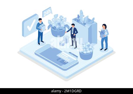 Character Shopping Online at Smartphone. Making Order in Online Grocery Shop and Paying with Credit Card. Fresh Food Groceries in Bag. Mobile Commerce Stock Vector