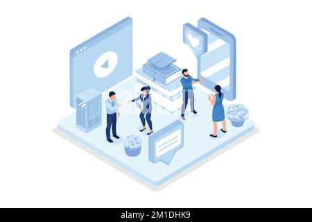 Student learning online at home. Character looking educational video on smartphone. Online education and e-learning concept, isometric vector modern i Stock Vector