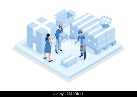 Ready for transportation carton boxes stack standing on floor. Different personal stuff packed in boxes. House moving and relocation services concept, Stock Vector
